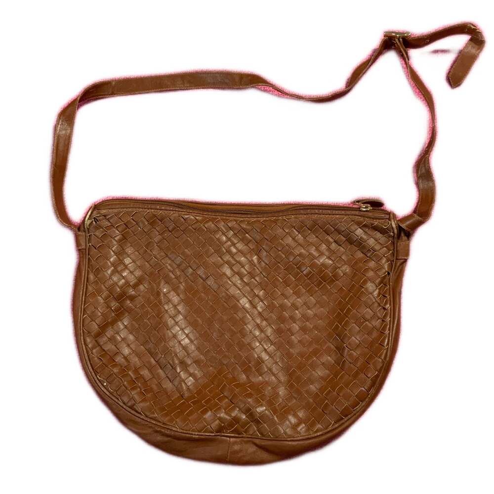 Vintage Brown Woven Leather Crossbody Bag Half-Moon Shape